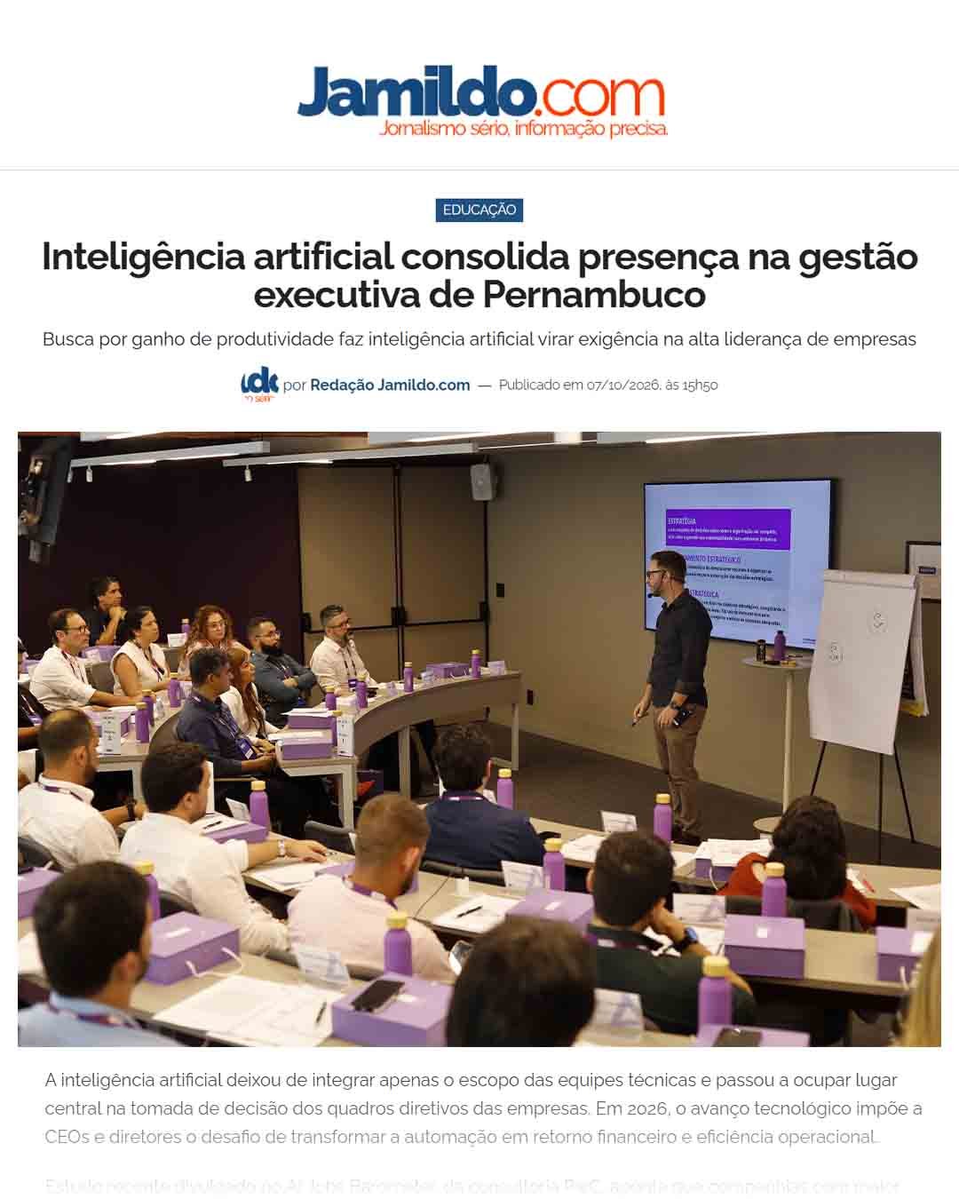 Matéria do Jamildo.com sobre IA na gestão executiva de Pernambuco