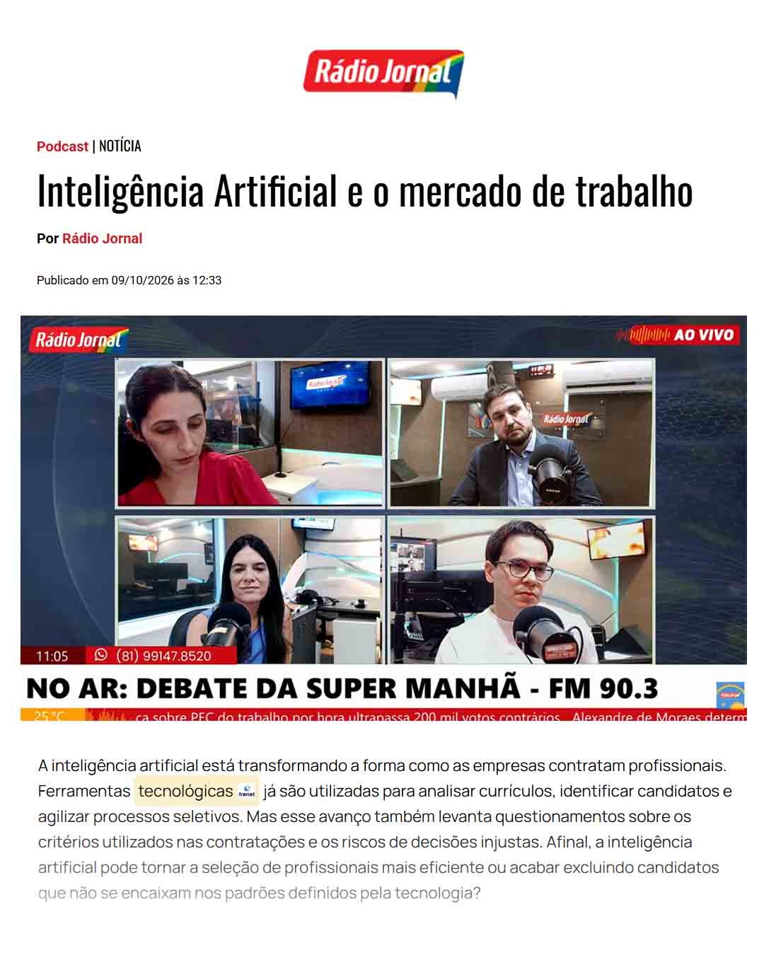 Debate na Rádio Jornal sobre IA e o mercado de trabalho